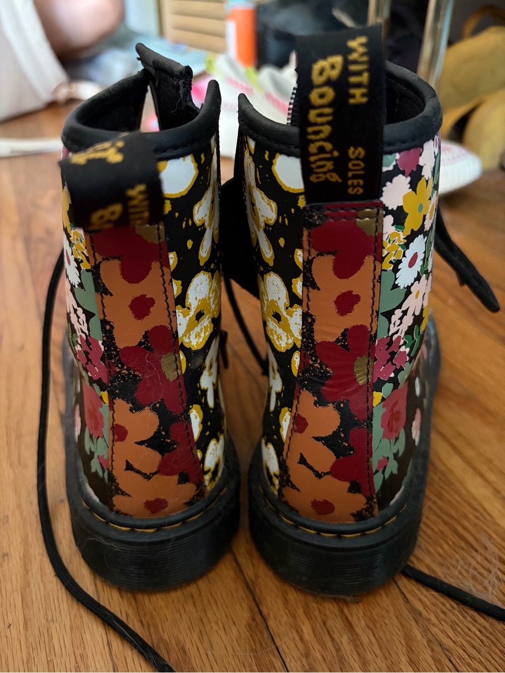 Doc Martens Floral Combat Boots in Black with Multicolor Flowers - Picture 2 of 3